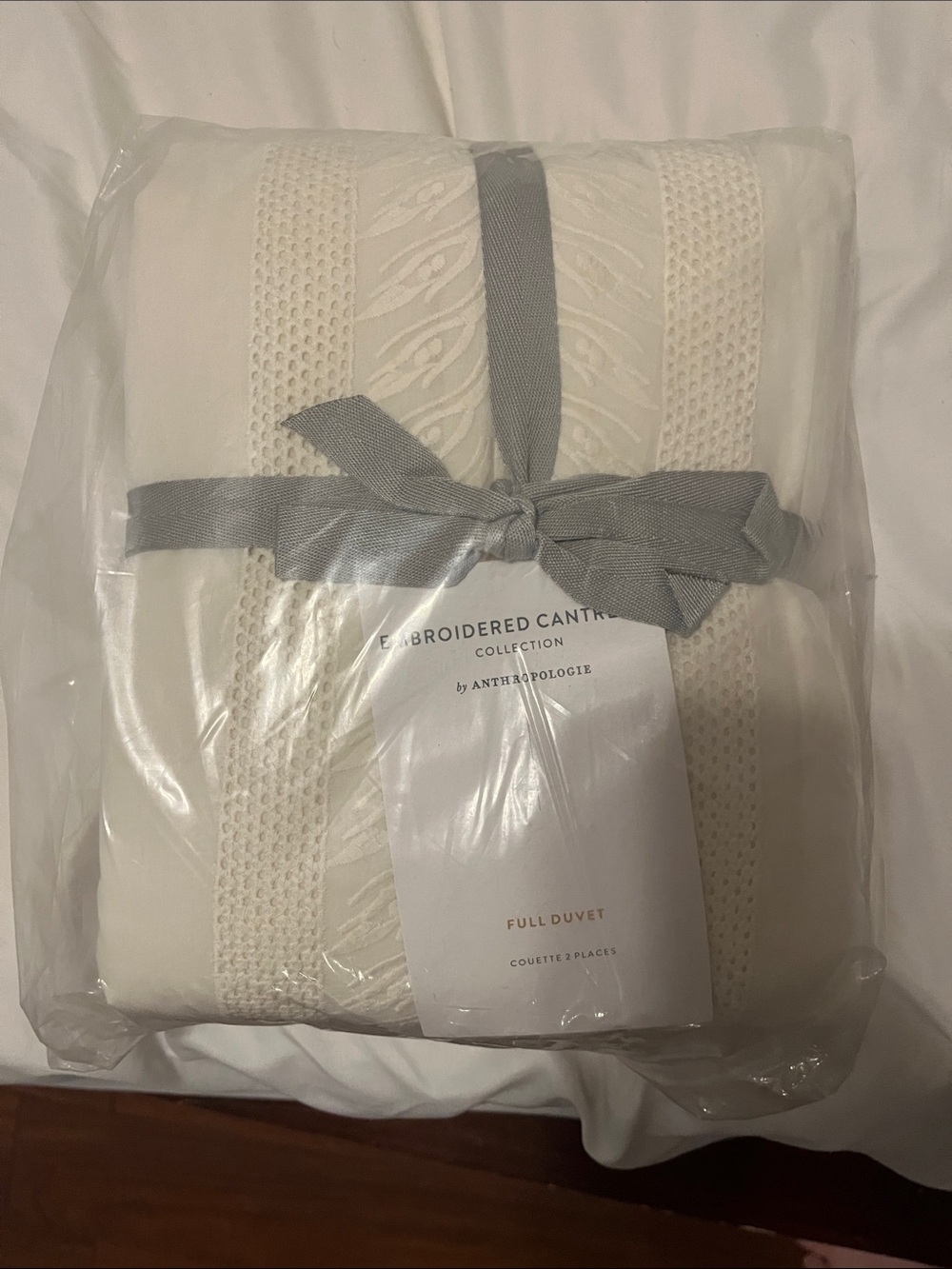 Anthropologie Cream Embroidered Full Duvet with Gray Bow